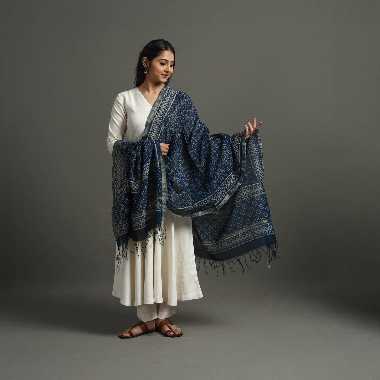 Blue - Block Printed Chanderi Silk Bagru Dupatta 15