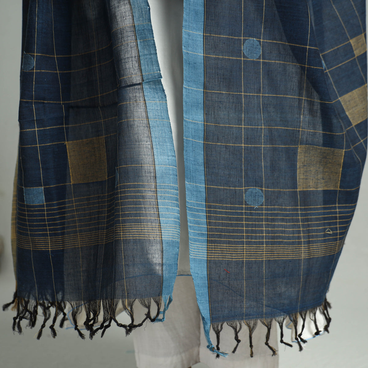 Blue - Godavari Jamdani Buti Handloom Handspun Cotton Dupatta with Tassels 05