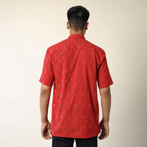 Red - Pochampally Ikat Weave Cotton Men Half Sleeve Shirt 04