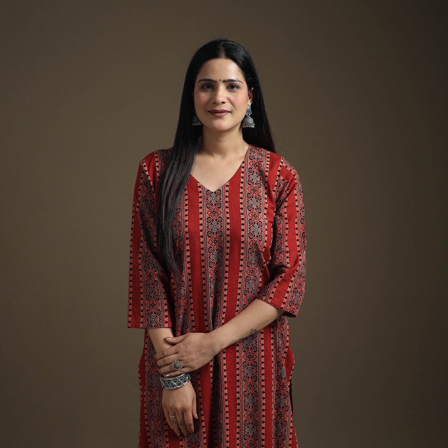 Hand Block Print Cotton Straight Long Ajrakh Kurta for Women 11