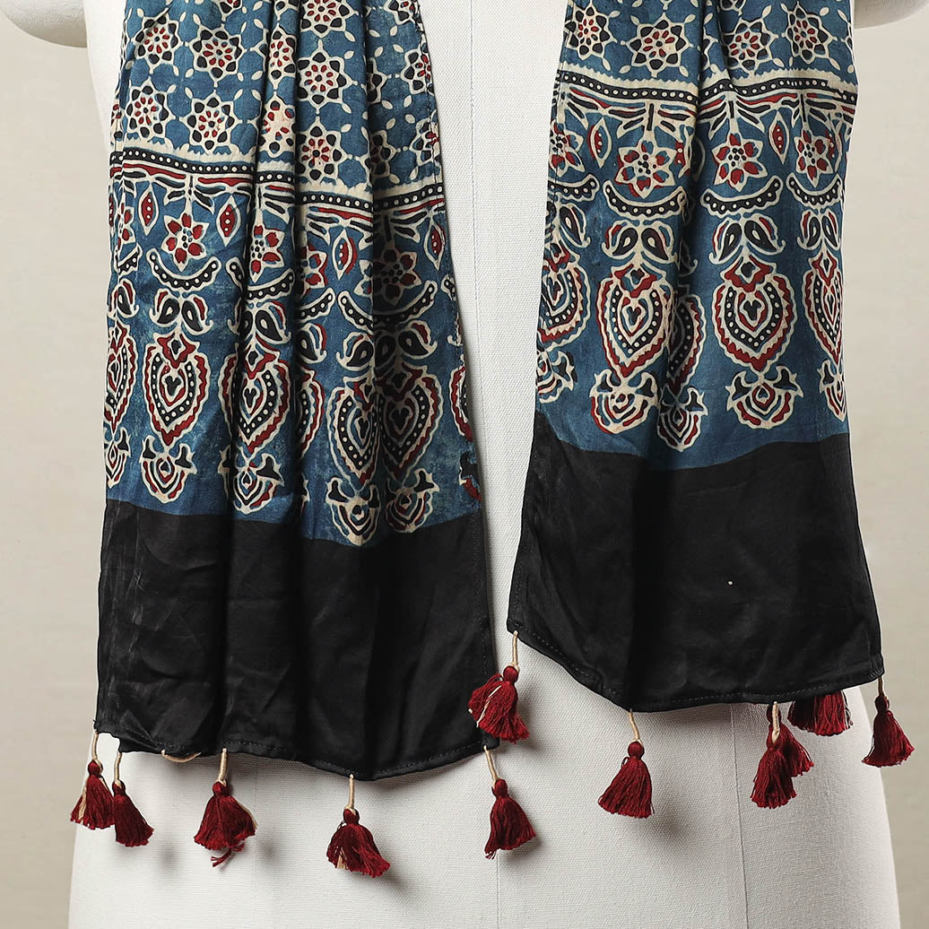 Blue - Ajrakh Block Printed Modal Silk Stole with Tassels 03