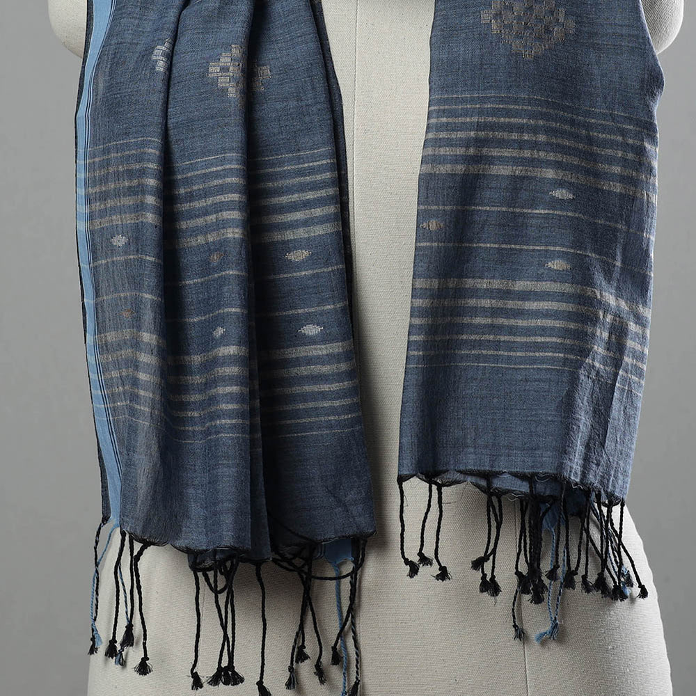 Blue - Burdwan Jamdani Cotton Handloom Stole with Tassels 21