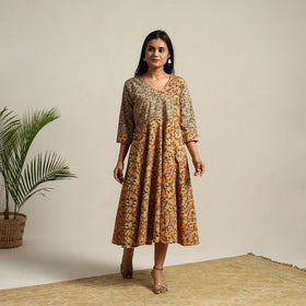 Buy Yellow Pedana Block Print Cotton Flared Kalamkari Dress