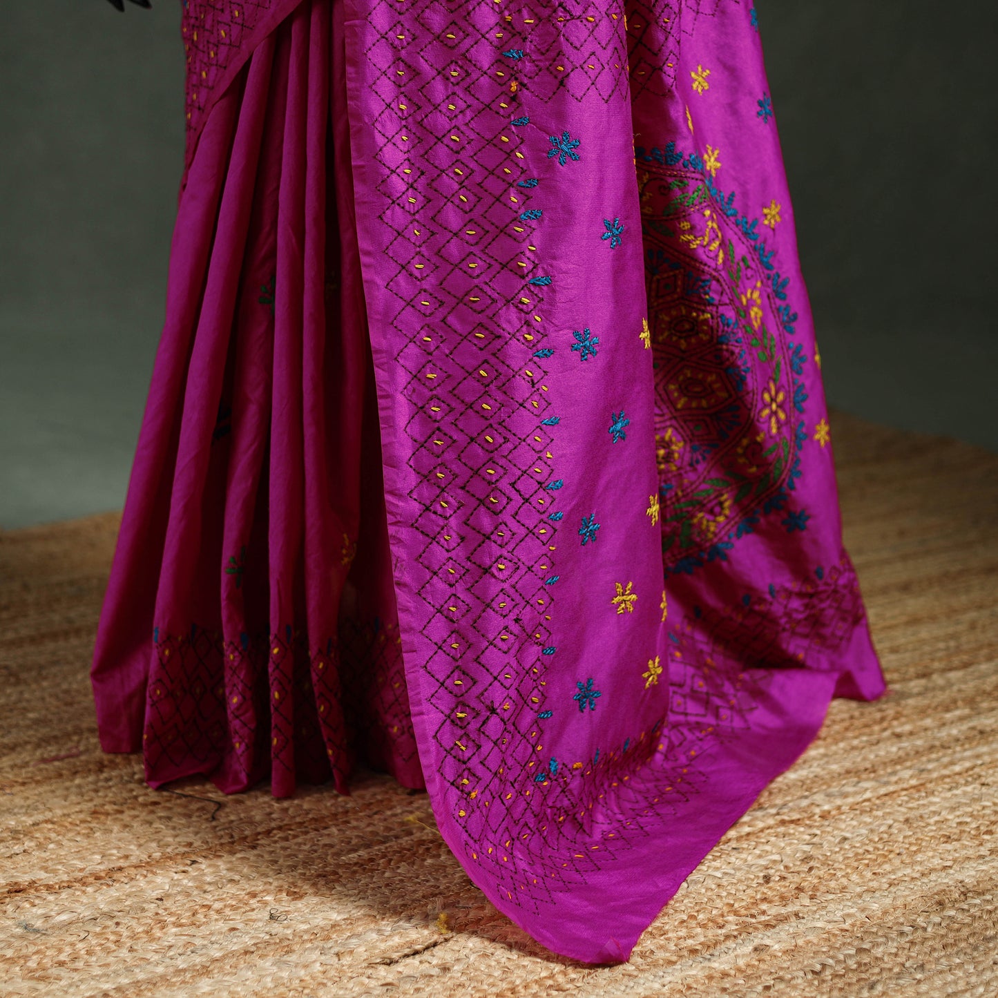 Purple - Bengal Nakshi Kantha Hand Embroidered Silk Saree 21