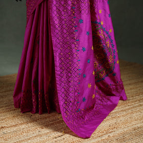 Purple - Bengal Nakshi Kantha Hand Embroidered Silk Saree 21