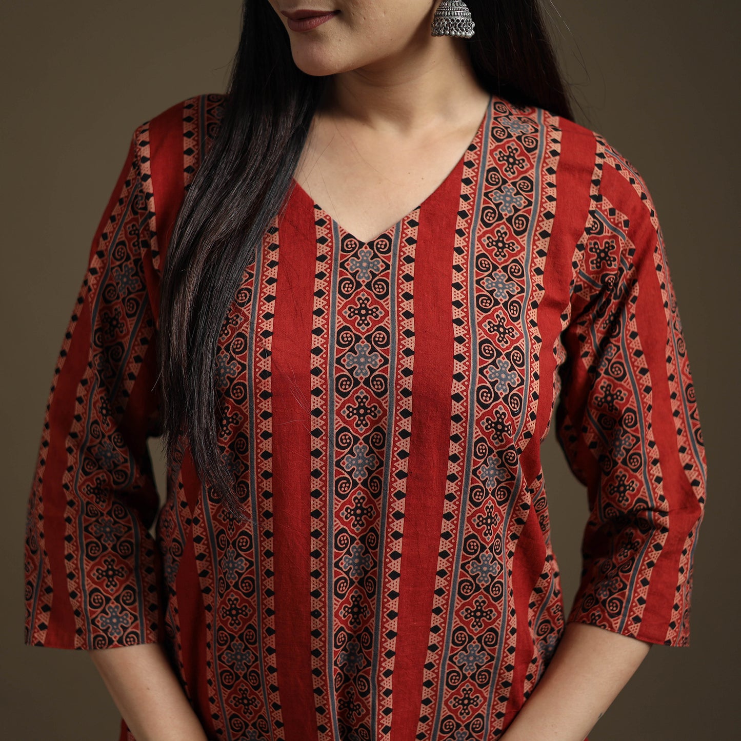Hand Block Print Cotton Straight Long Ajrakh Kurta for Women 11