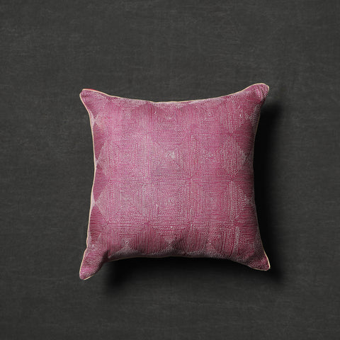 Pink - Tussar Silk Bengal Kantha Work Cushion Cover 01