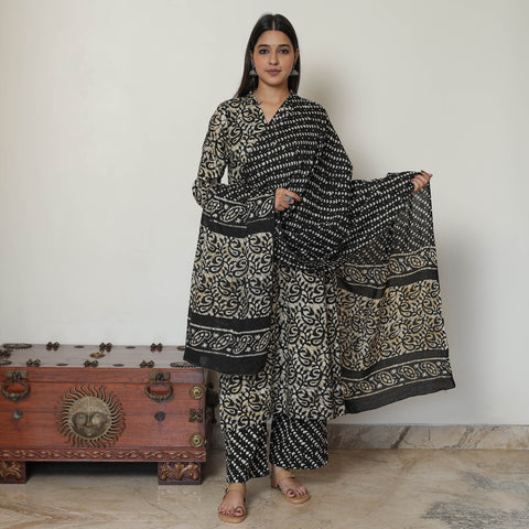 Black - Hand Batik Printed Cotton Kurta with Palazzo & Dupatta Set 14