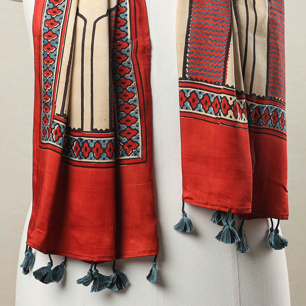 Red - Ajrakh Block Printed Modal Silk Stole with Tassels 04