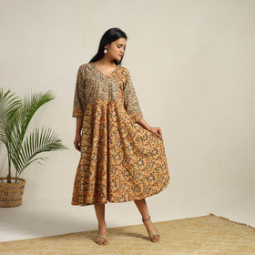 Buy Yellow Pedana Block Print Cotton Flared Kalamkari Dress