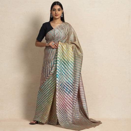 Brown - Multicolour Leheriya Tie-Dye Tussar Silk Handloom Saree