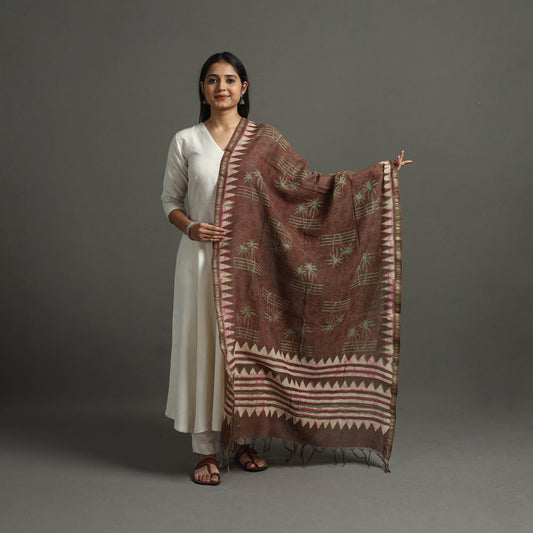 Brown - Block Printed Chanderi Silk Bagru Dupatta 16