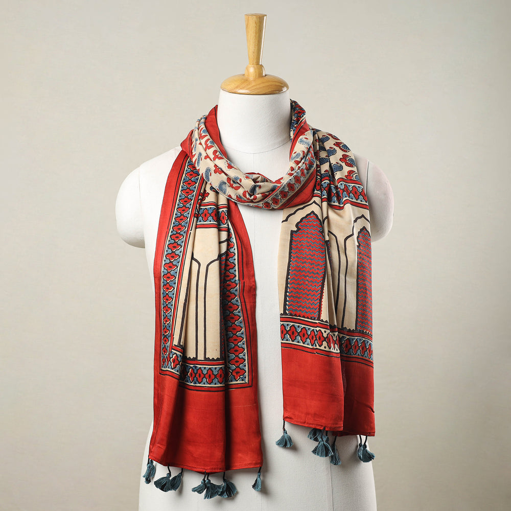 Red - Ajrakh Block Printed Modal Silk Stole with Tassels 04