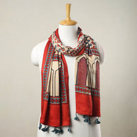 Red - Ajrakh Block Printed Modal Silk Stole with Tassels 04