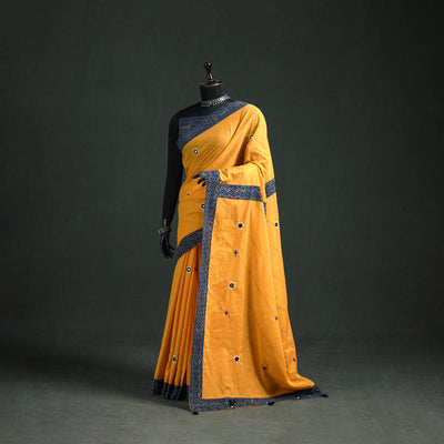 Tagai & Mirror Embroidered Ajrakh Patchwork Pure Mul Cotton Saree with Blouse Piece 19