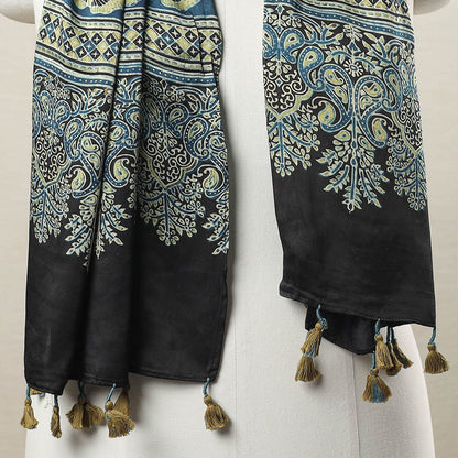 Blue - Ajrakh Block Printed Modal Silk Stole with Tassels 05
