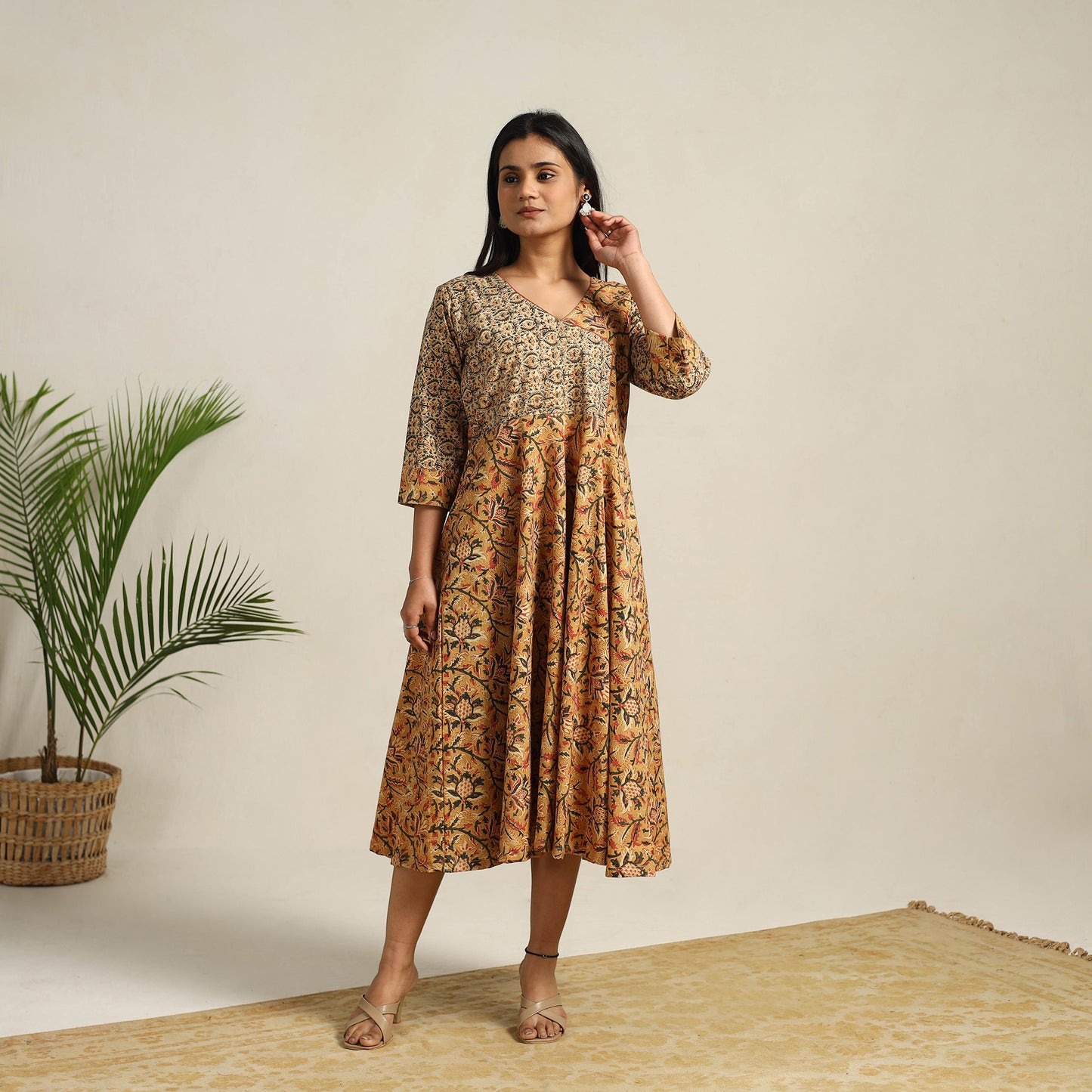 Pedana Block Print Cotton Flared Kalamkari Dress 04