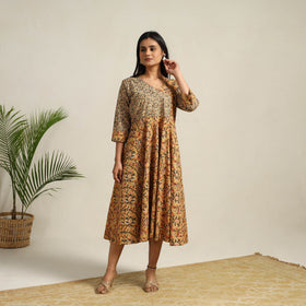 Buy Yellow Pedana Block Print Cotton Flared Kalamkari Dress