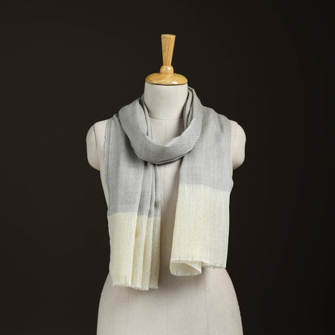 Grey - Plain Diamond Weave Fine Wool Zari Border Stole for Women 85