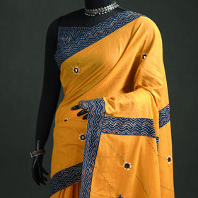 Tagai & Mirror Embroidered Ajrakh Patchwork Pure Mul Cotton Saree with Blouse Piece 19