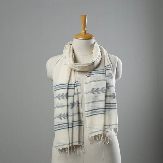 White - Burdwan Jamdani Cotton Handloom Stole with Tassels 23