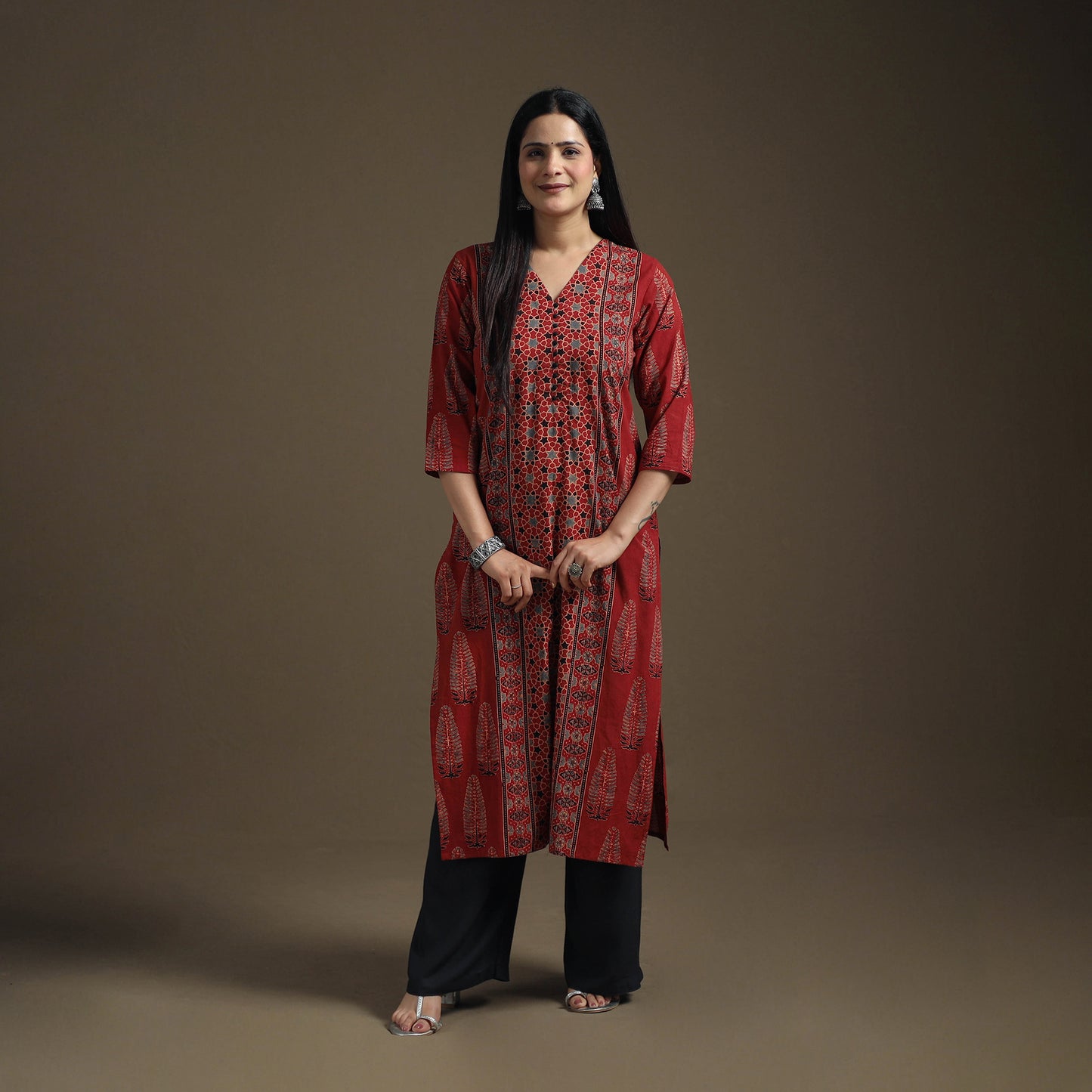 Hand Block Print Cotton Straight Long Ajrakh Kurta for Women 05