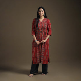 Hand Block Print Cotton Straight Long Ajrakh Kurta for Women 05
