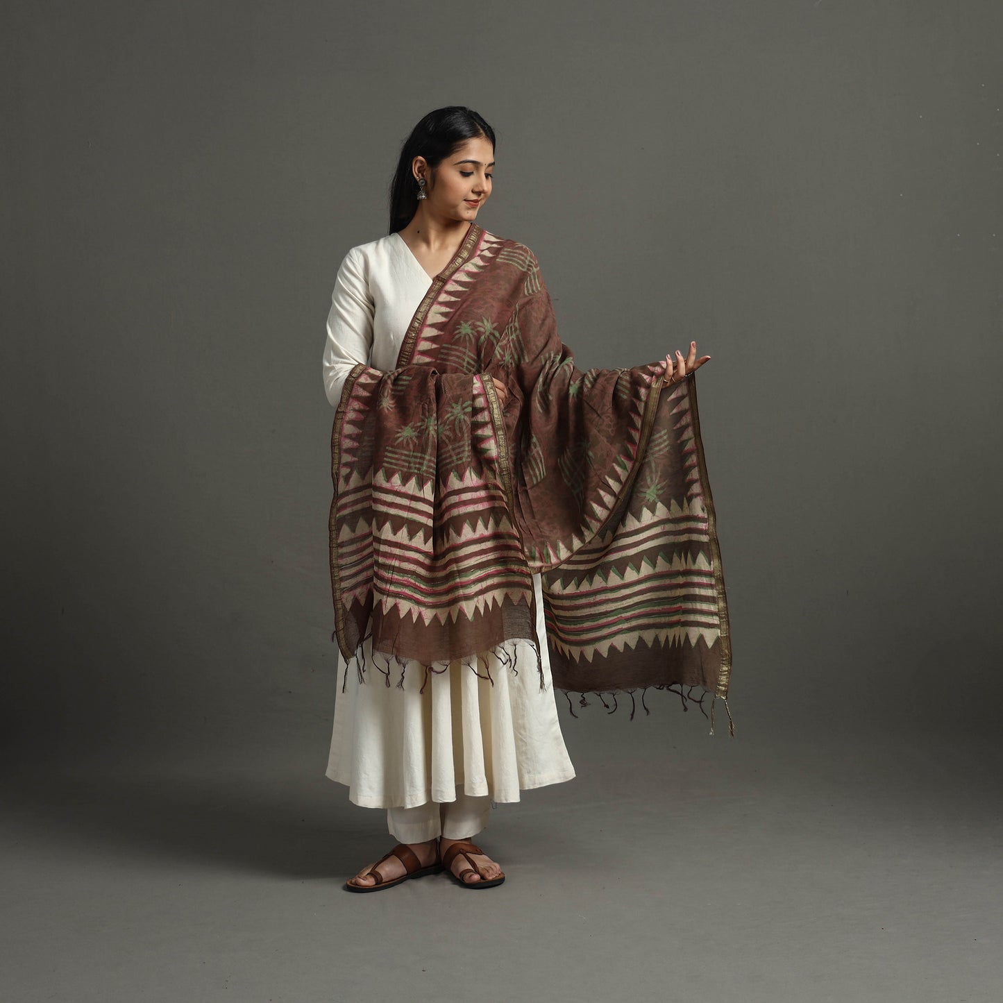 Brown - Block Printed Chanderi Silk Bagru Dupatta 16