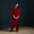 Red - Hand Embroidered Rayon Chikankari Kurta with Pant Set for Women 04