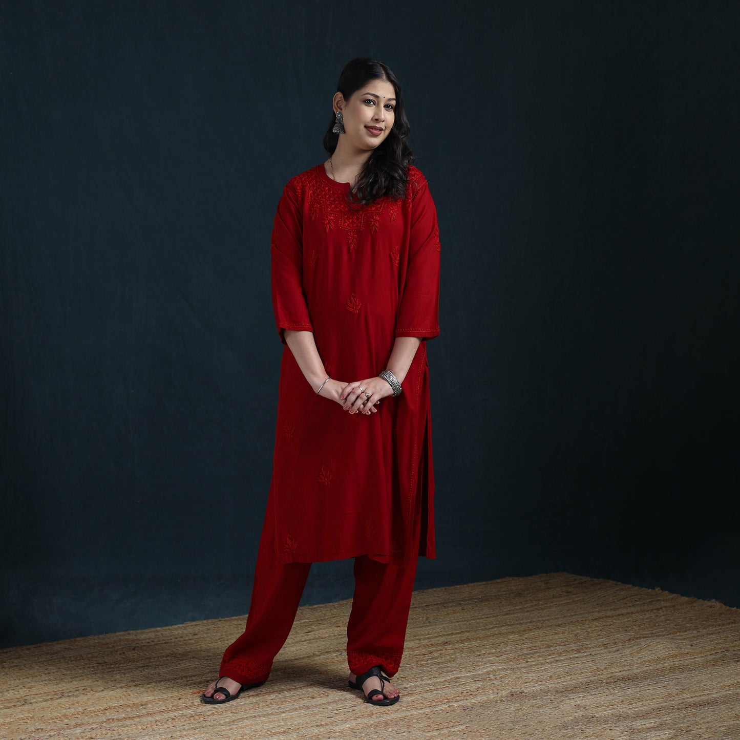 Red - Hand Embroidered Rayon Chikankari Kurta with Pant Set for Women 04