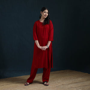 Red - Hand Embroidered Rayon Chikankari Kurta with Pant Set for Women 04