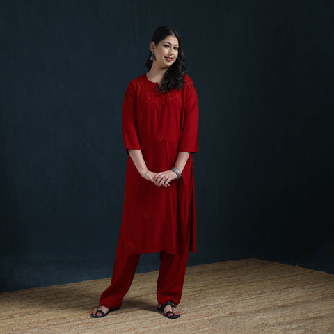 Red - Hand Embroidered Rayon Chikankari Kurta with Pant Set for Women 04