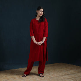 Red - Hand Embroidered Rayon Chikankari Kurta with Pant Set for Women 04