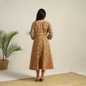 Buy Yellow Pedana Block Print Cotton Flared Kalamkari Dress