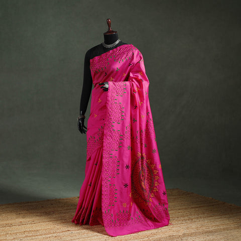 Pink - Bengal Nakshi Kantha Hand Embroidered Silk Saree 22