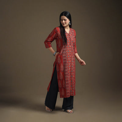 Hand Block Print Cotton Straight Long Ajrakh Kurta for Women 05
