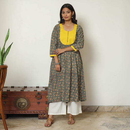 Grey - Kalamkari Printed Cotton A-Line Kurta 42