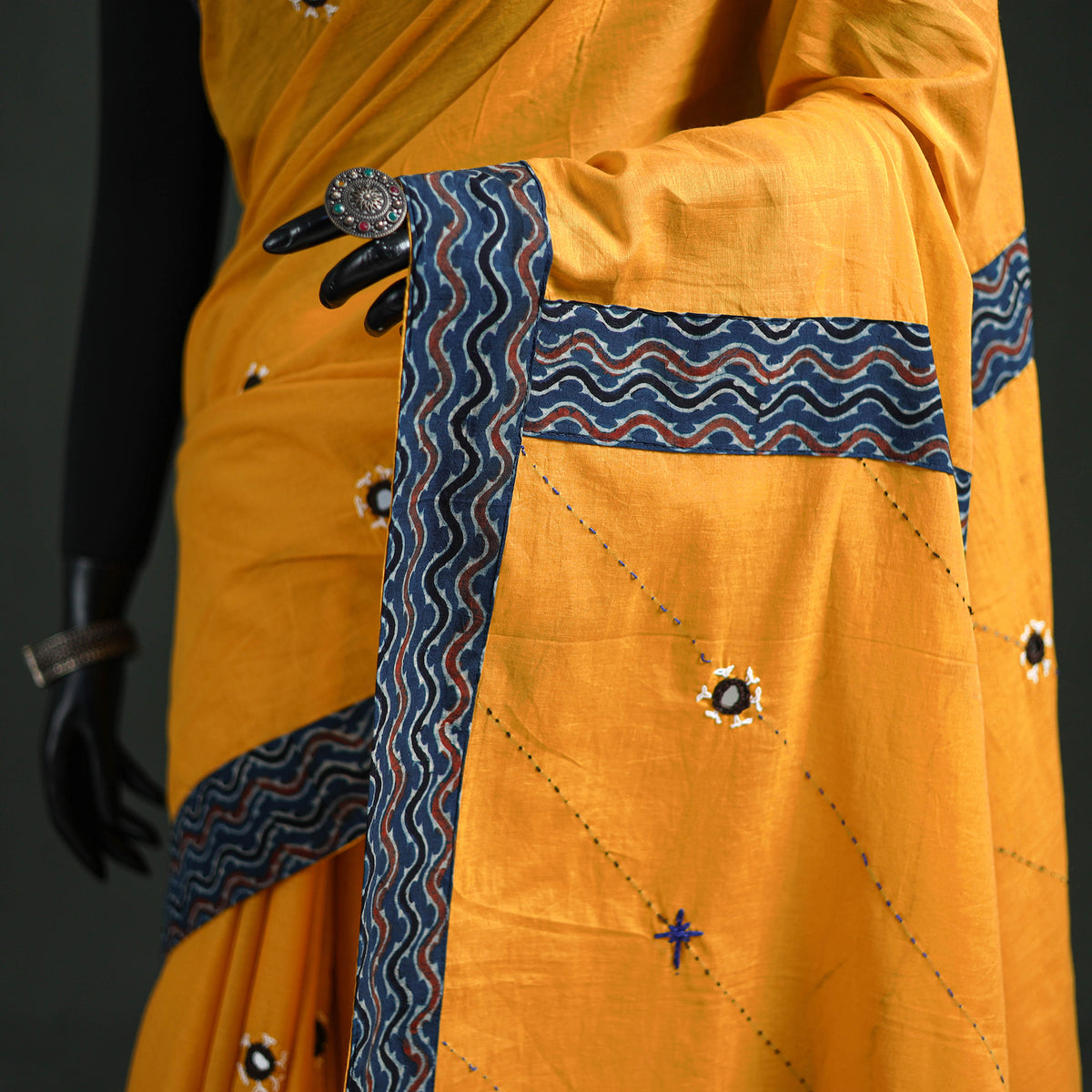 Tagai & Mirror Embroidered Ajrakh Patchwork Pure Mul Cotton Saree with Blouse Piece 19