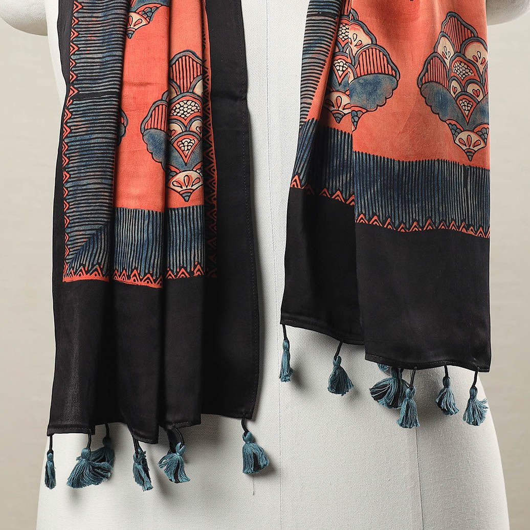 Orange - Ajrakh Block Printed Modal Silk Stole with Tassels 07