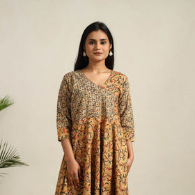 Buy Yellow Pedana Block Print Cotton Flared Kalamkari Dress