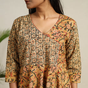 Buy Yellow Pedana Block Print Cotton Flared Kalamkari Dress