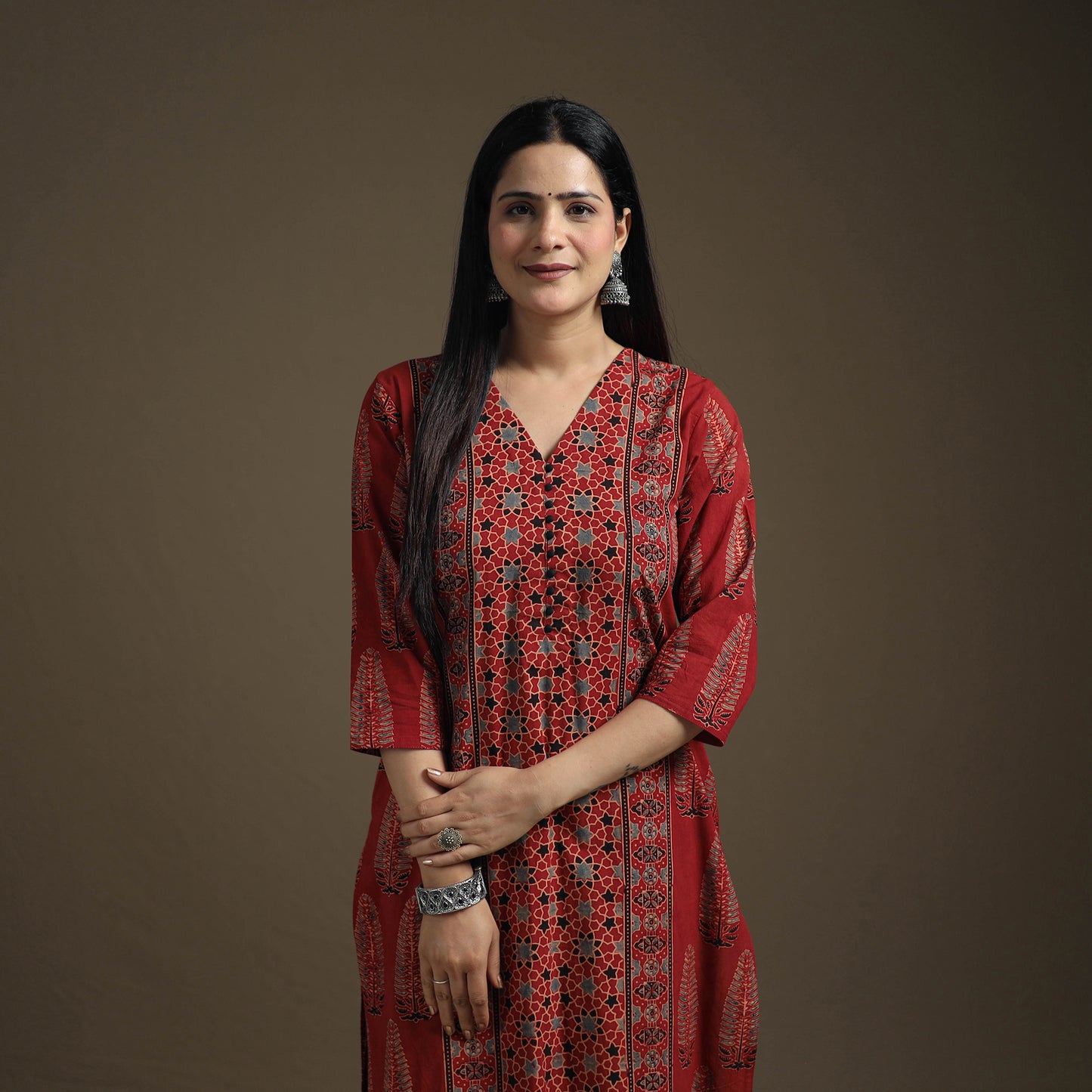 Hand Block Print Cotton Straight Long Ajrakh Kurta for Women 05
