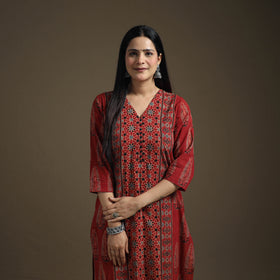 Hand Block Print Cotton Straight Long Ajrakh Kurta for Women 05