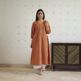 Brown - Pure Cotton A-Line Jacquard Kurta 10