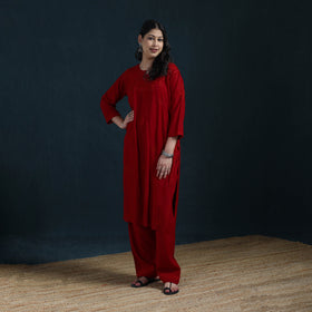 Red - Hand Embroidered Rayon Chikankari Kurta with Pant Set for Women 04