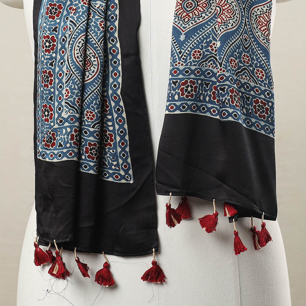 Blue - Ajrakh Block Printed Modal Silk Stole with Tassels 09
