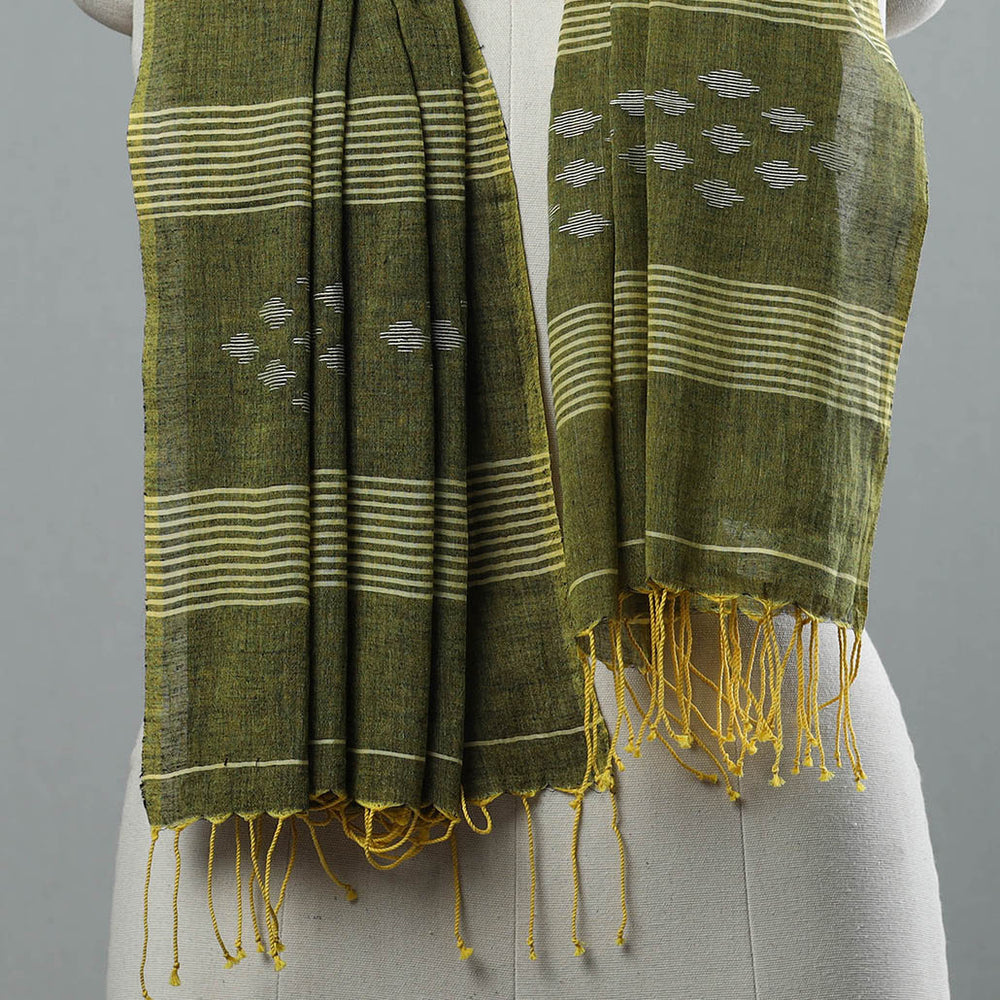 Green - Burdwan Jamdani Cotton Handloom Stole with Tassels 28