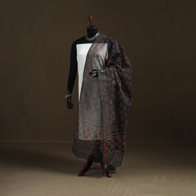 Grey - Gray - Ajrakh Vanaspati Hand Block Print Natural Dyed Kota Doria Cotton Dupatta 09