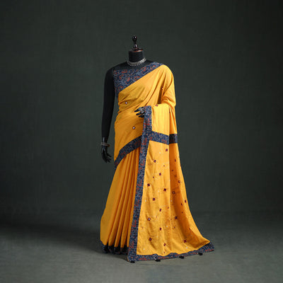 Tagai & Mirror Embroidered Ajrakh Patchwork Pure Mul Cotton Saree with Blouse Piece 20