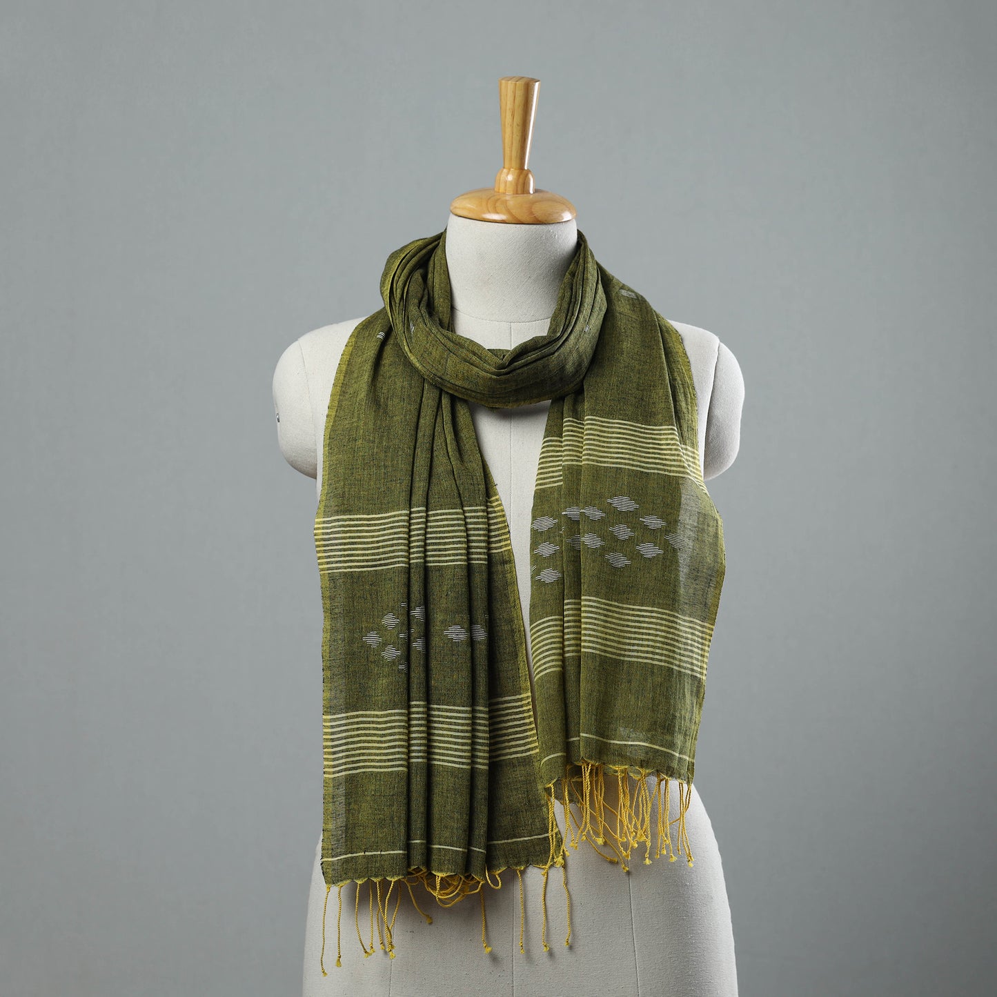 Green - Burdwan Jamdani Cotton Handloom Stole with Tassels 28